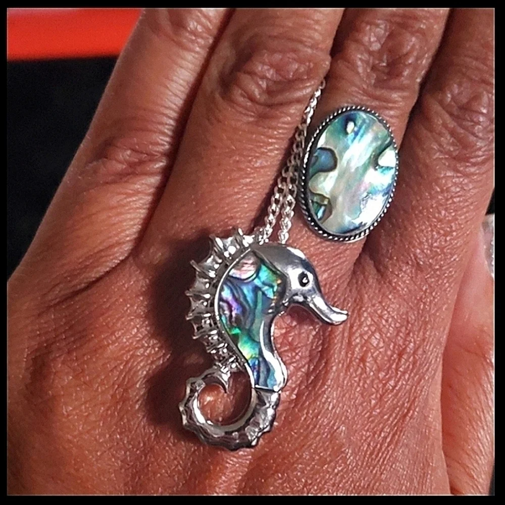 Abalone Shell Seahorse Necklace Brass Stainless Steel